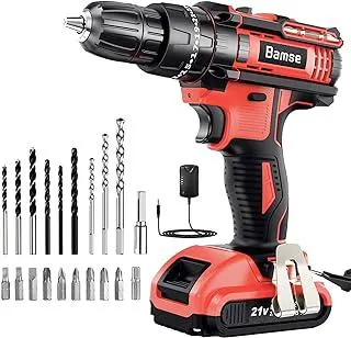 Cordless Drill Driver Set 21V, Bamse Power Drill Kit with 2.0AH Battery, Hammer Drill with 372 In-lbs Max, 25+3 Position, 2 Variable Speed, 3/8'' Keyless Chuck, Fast Charger and 23PCS Accessories