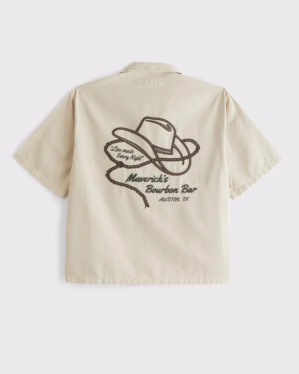 Short-Sleeve Cropped Western Graphic Button-Up Shirt