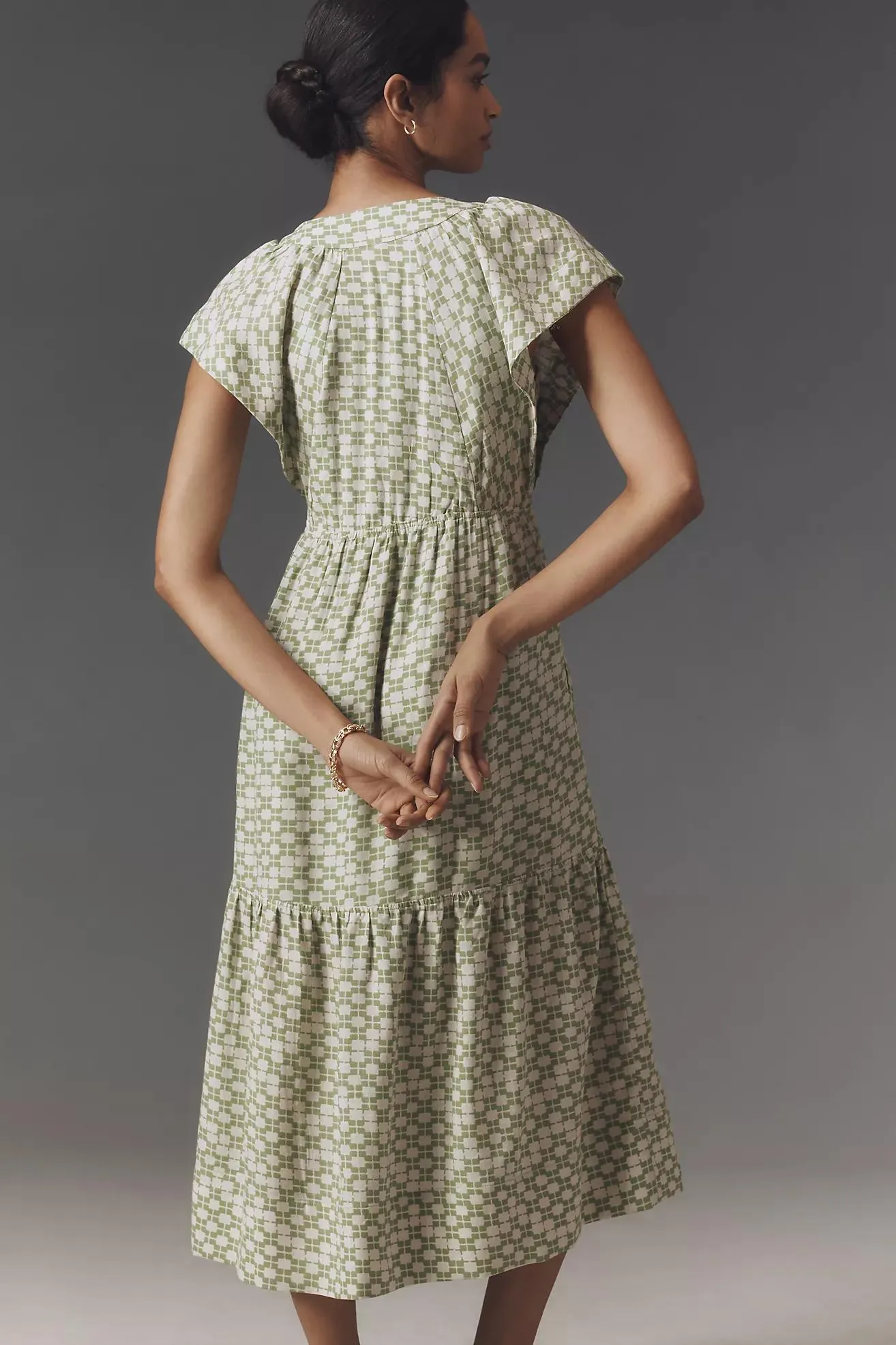 The Reneé Flutter-Sleeve Linen Button-Front Midi Dress