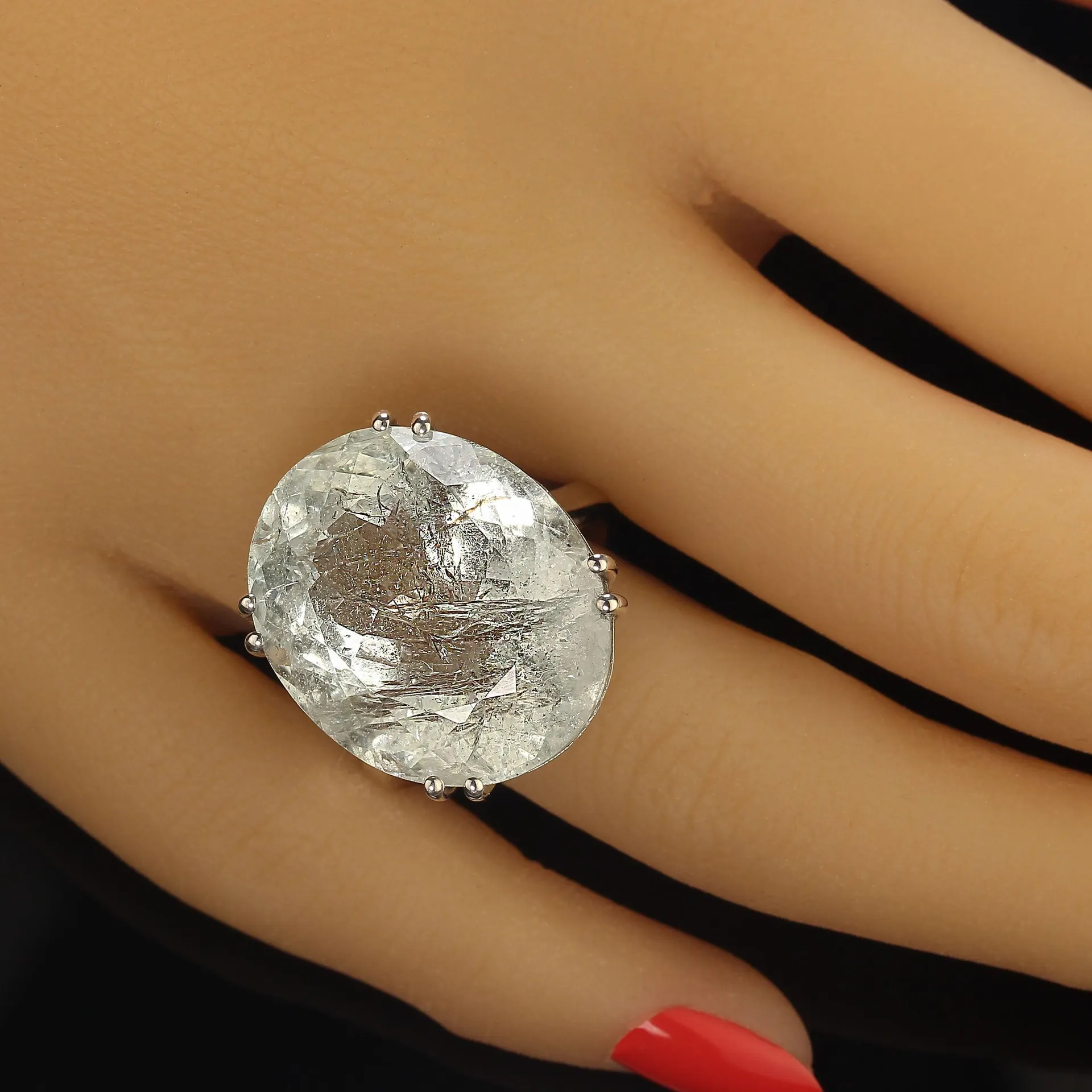 AJD Huge 34 Carat Oval Green Beryl in Sterling Silver Ring