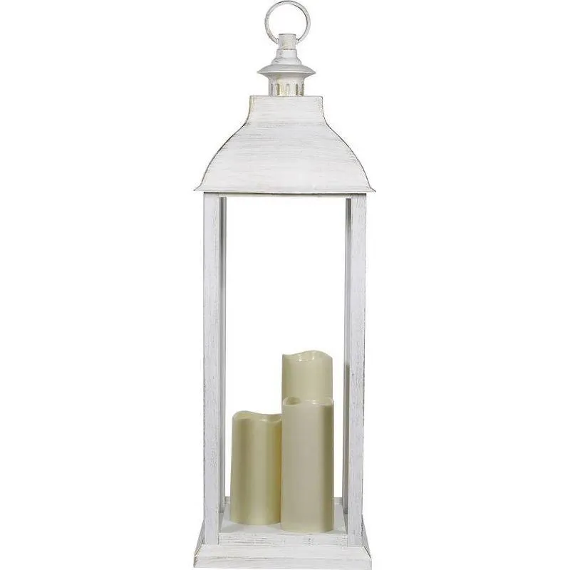 28" Candlelit Lantern with LED Lights White - Alpine Corporation: Outdoor, Battery-Operated, Timer Function
