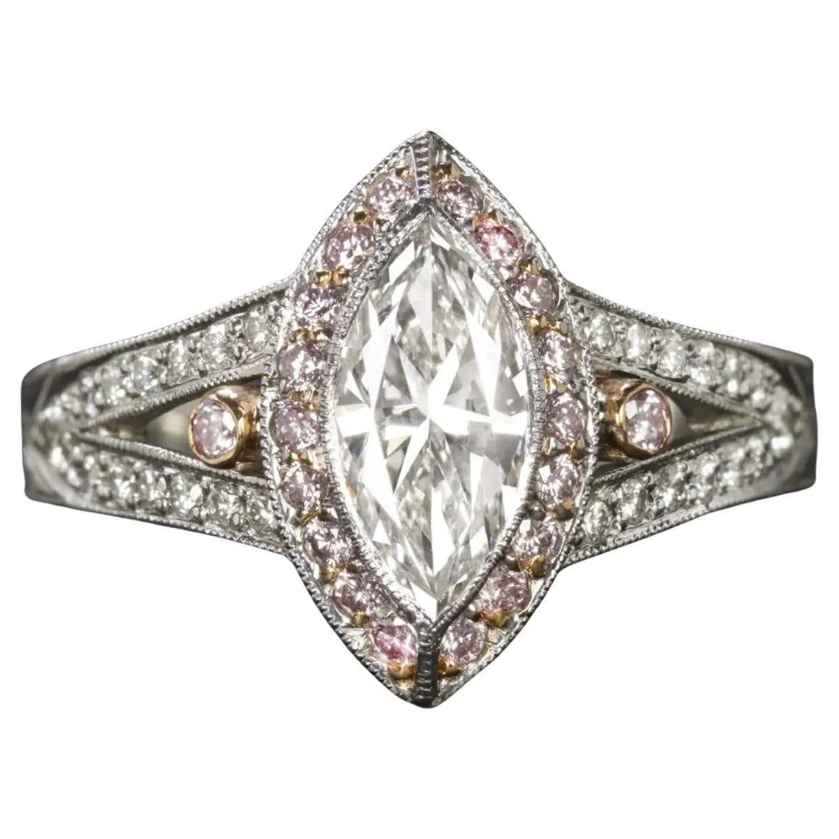 Marquise Diamond Engagement Ring in Platinum with Fancy Pink Diamond Halo