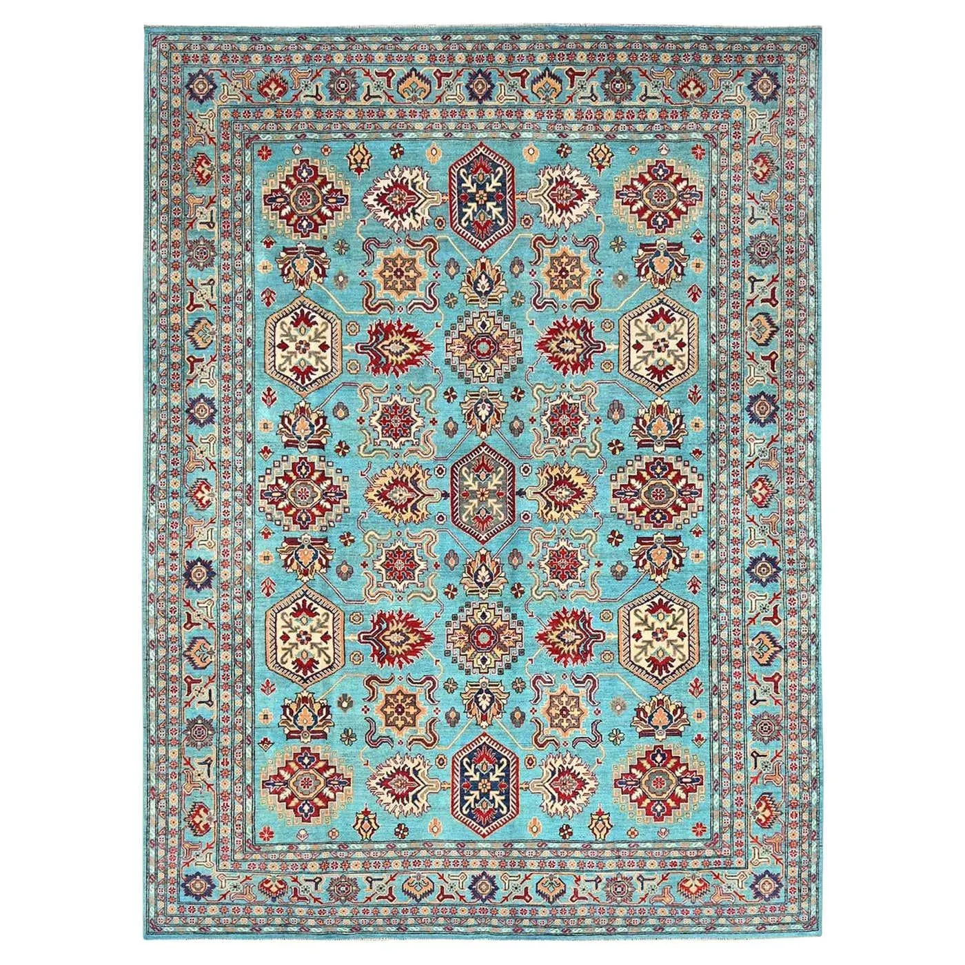 9'x12'1" Fanfare Blue Kazak Geometric Hand Knotted 100% Wool Oriental Rug