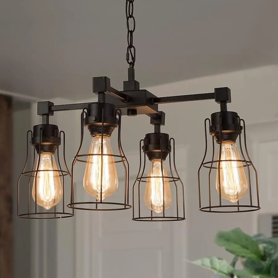 LNC Kennild 4 -Light Matte black and brown wood tone Farmhouse Sputnik Medium Hanging Kitchen island light