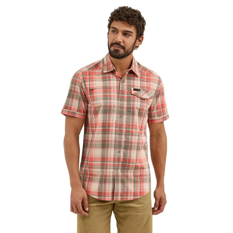 Wrangler Mens ATG Cedar Zip Pocket Coral Plaid Short Sleeve Shirt