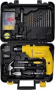 STANLEY SDH550KP 550W 10mm Corded Hammer Drill & Hand Tool Kit (120 Pieces) - Includes Hammer Drill, Tape Measure, Drill Bits, Hammer, 1 Year Warranty, Yellow & Black