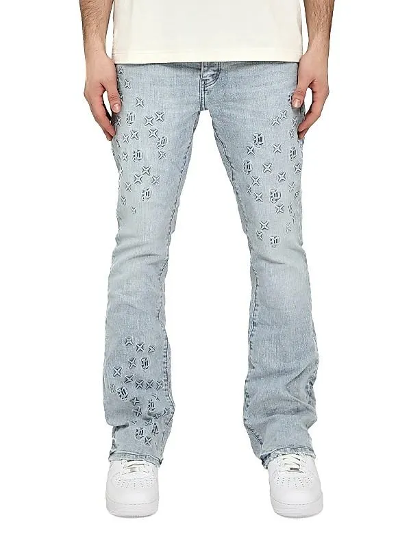 Embossed Stretch-Cotton Flared Jeans