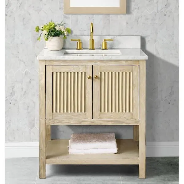 Arcott 31 in W x 22 in D x 35 in H Single Sink Fluted Bath Vanity in Natural Wood With Carrara Marble Top