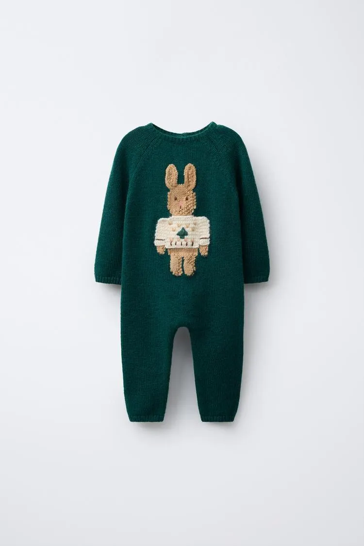 KNIT JUMPSUIT WITH EMBROIDERED BUNNY
