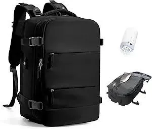 Vacuum Travel Backpack with Pump Women,Personal Item Carry on Backpacks Flight Approved 18x14x8 inches Men,Laptop Waterproof Work Compression bags Casual Daypack Mochila de Viaje Compresion al Black