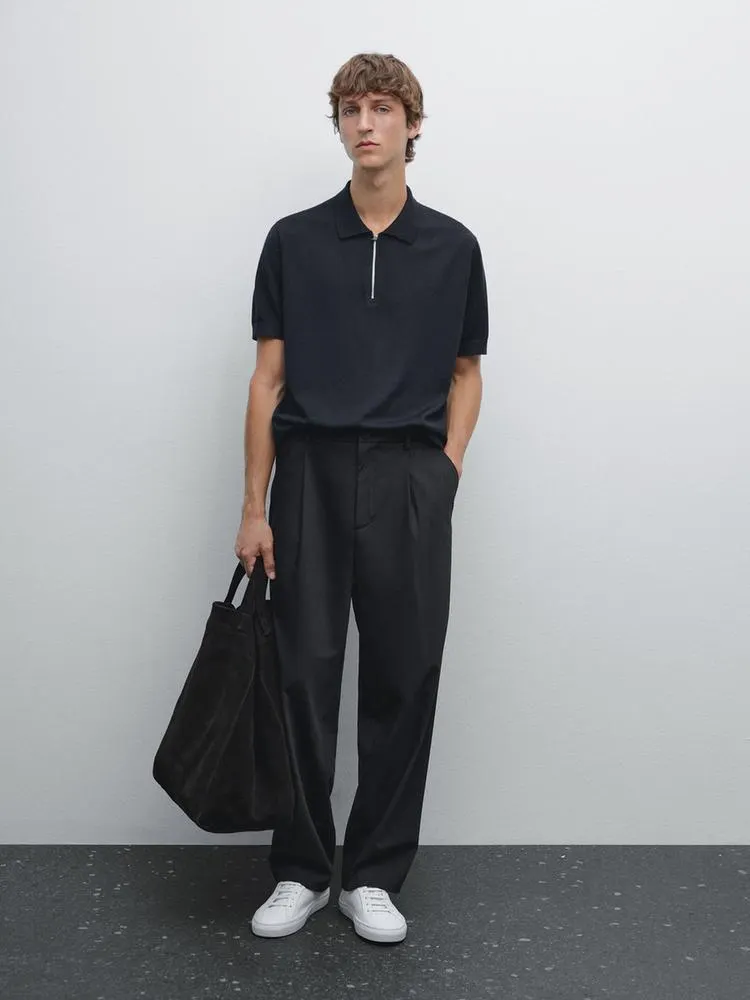 Knit polo shirt with zip collar