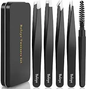 Tweezers Set, 4Pcs Eyebrow Tweezers and an Eyebrow Brush with an Metal Case, Professional Stainless Steel for Men & Women, Precision for Facial Hair, Splinter and Ingrown Hair Removal