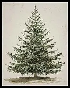 Generic Vintage Christmas Tree Print, Rustic Winter Tree Art, 11x14 inch + Black Framed