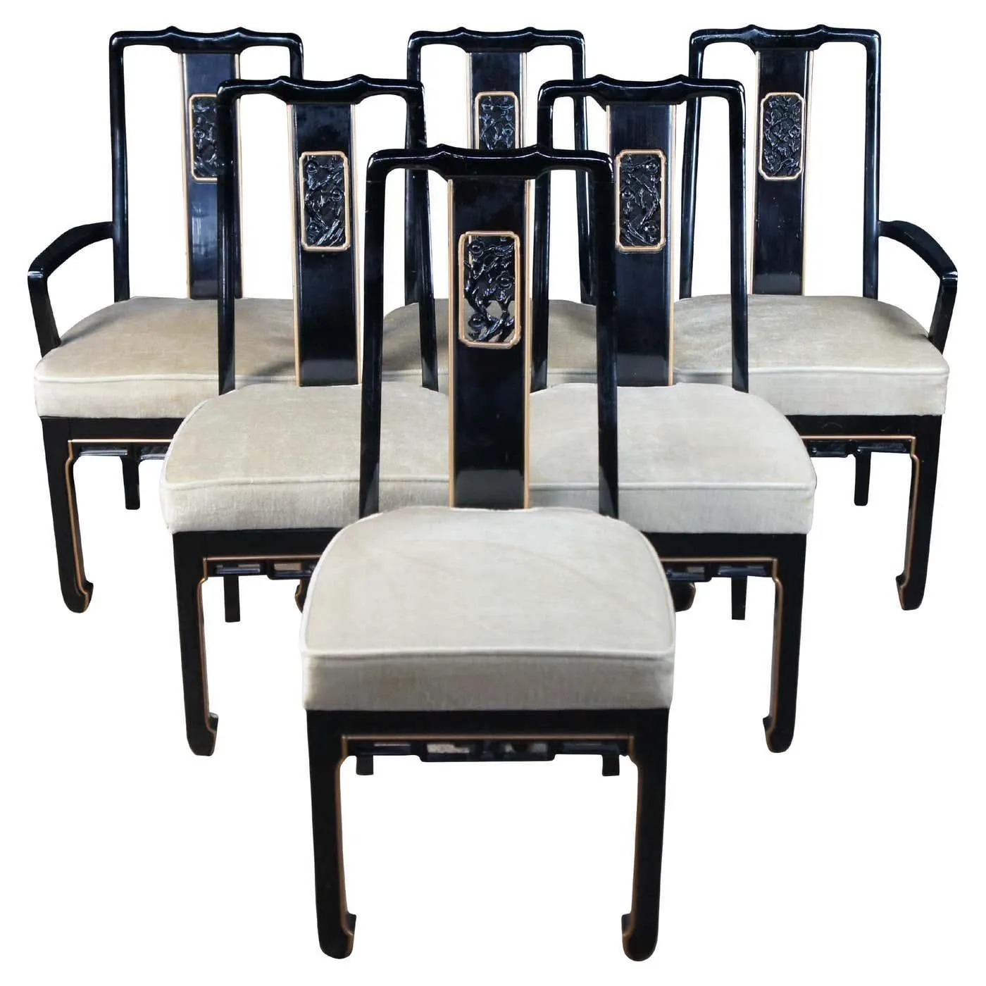 6 Mid Century Black Lacquered Oriental Chinoiserie Dining Chairs