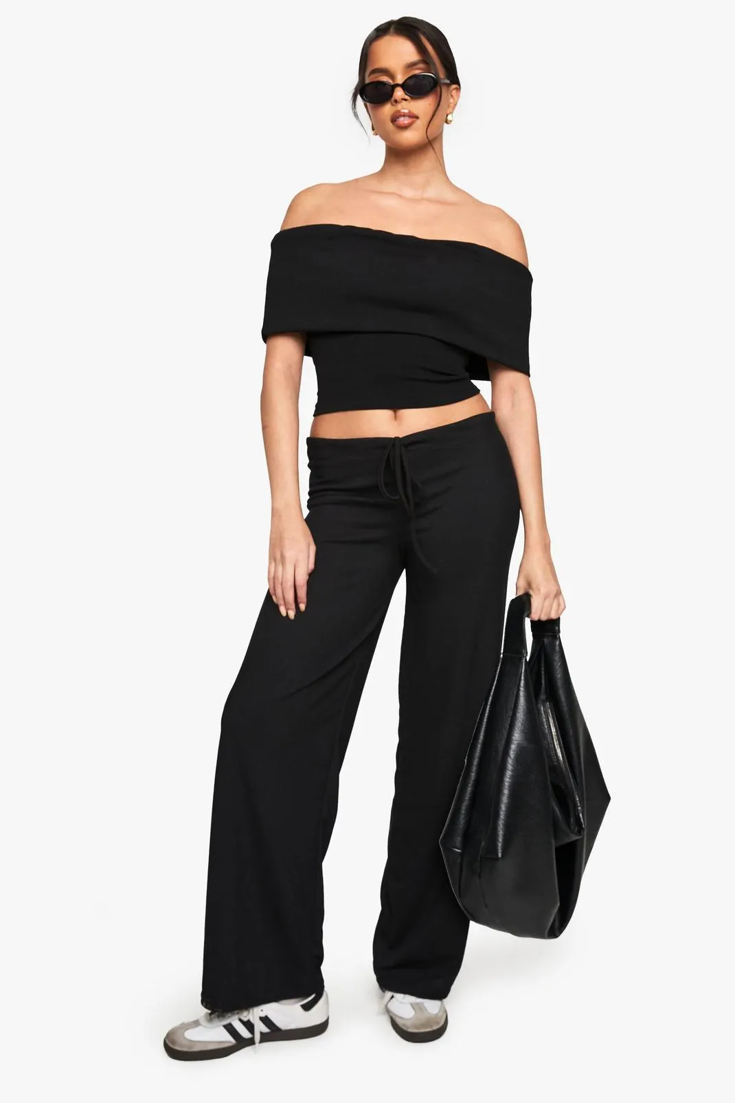 RIB FOLDOVER BARDOT TOP AND STRAIGHT LEG TROUSER SET