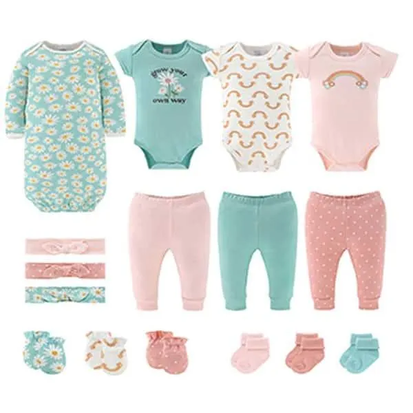 The Peanutshell Carefree Floral Newborn Layette Set for Baby Girls, 16-Pieces, Pink/Aqua, 0-3 Months