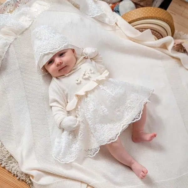 Newborn Knitwear Set - Skirt and Lace Trimmed - 5 Piece Set