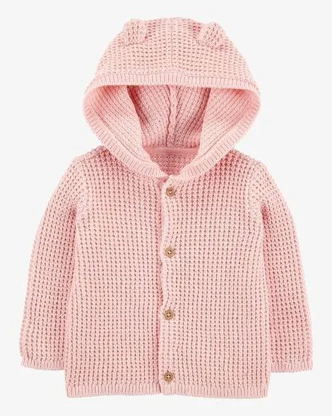 Baby Hooded Waffle Knit Cardigan - Pink