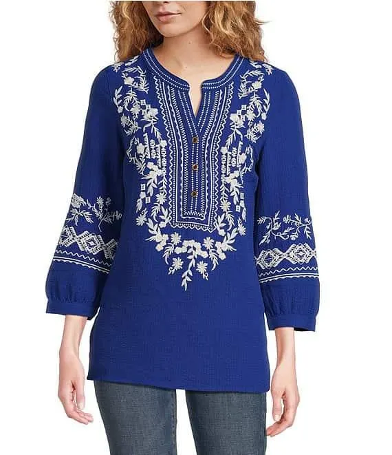 Embroidered Patchwork Split V-Neck 3/4 Sleeve Tunic