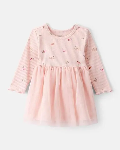 Baby Girl Heart Print Long-Sleeve Dress - Pink