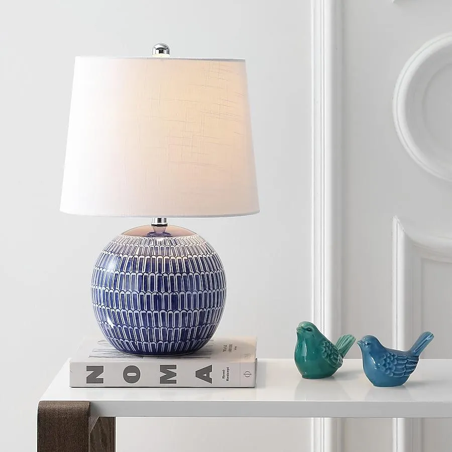 JONATHAN Y Ronald Ceramic Coastal Transitional 21-in Chrome LED Rotary socket Table Lamp with Linen Shade