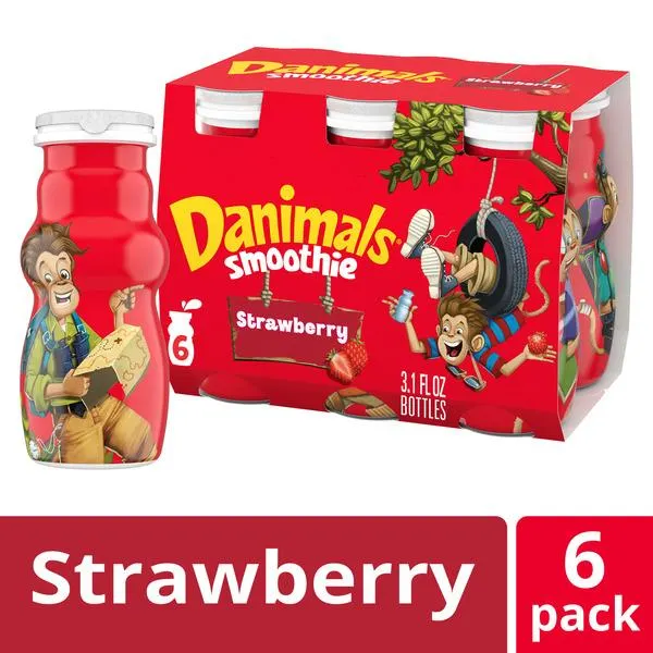 Danimals Smoothie Strawberry Dairy Drink Multi-Pack, Creamy and Delicious Low Fat Snacks for Kids, 6 Ct, 3.1 oz Smoothie Bottles