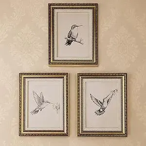 Fiwochic 3 Pcs Hummingbird Vintage Gold Framed Bird Sketch Painting Picture 8 x 10 Inches Hummingbird Wall Decor for Aesthetic Room Decor Ready to Hang Farmhouse Bedroom Bathroom