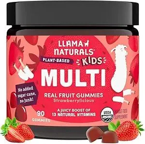 Llama Naturals Kids Multivitamin Gummies, Vegan, Organic with Vitamin D, C & K, Toddler Real Fruit Gummy Vitamins, Chewable Supplement, Whole Food Multivitamin, No Added Sugar Cane, Strawberry, 90 Ct