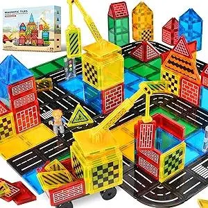 Magnetic Tiles Road Set - City Construction Building Toys, Magnetic Blocks with Extendable Crane and Car,Kids Toys for Boys & Girls Ages 3+, Creative Kids Games Gifts
