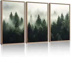 KUVIOKE Fog Pine Tree Framed Wall Art Nature Nordic Green Forests Artwork Morden Painting Home Decor 11x14in (Natural Framed)