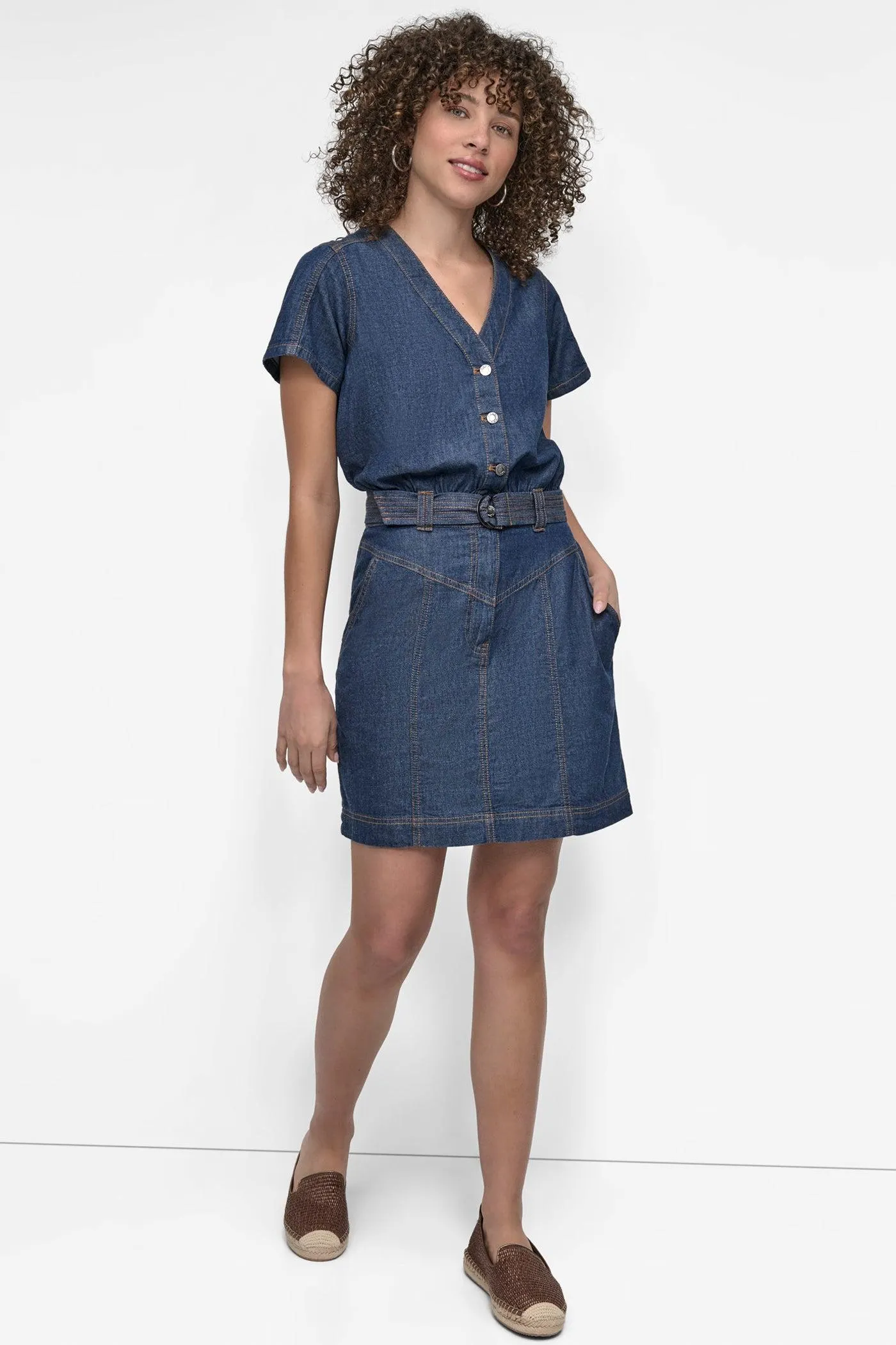 BUTTON FRONT DENIM MINI DRESS