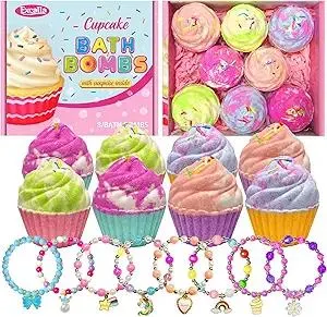Bath Bombs for Kids with Surprise Jewelry Inside, 8 Cupcake Bath Bombs for Girls Gift Set, Handmade Fizzes Balls with Rich Bubble Bath, Ideal for Chrildren Birthday Christmas