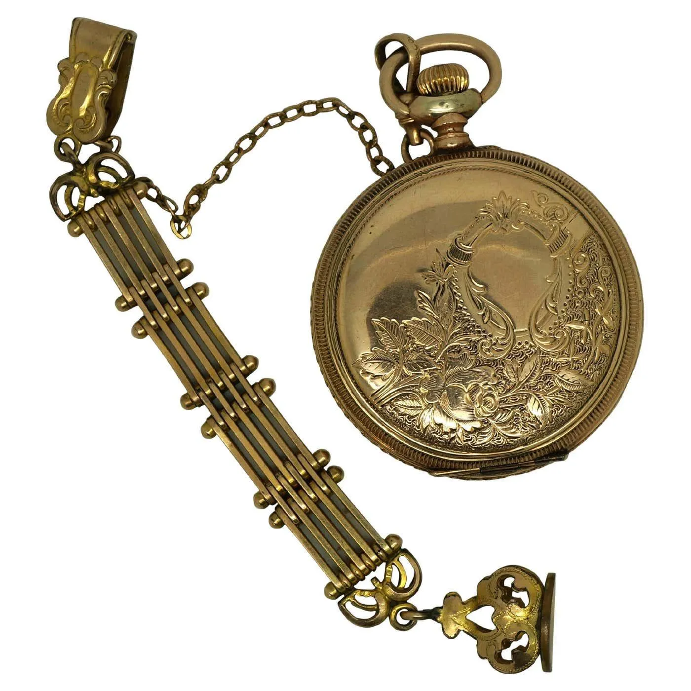 Antique 1897 American Waltham 14K Gold Seaside 7J 6s Pocket Watch & Chain