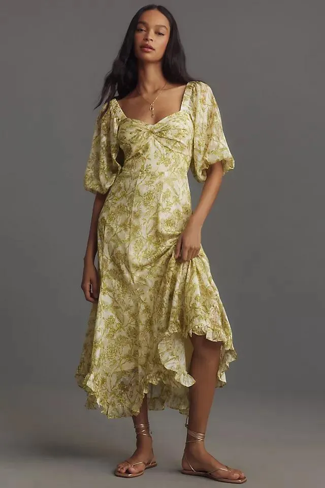 Hutch Printed Twist-Front Puff-Sleeve Ruffle-Hem Dress