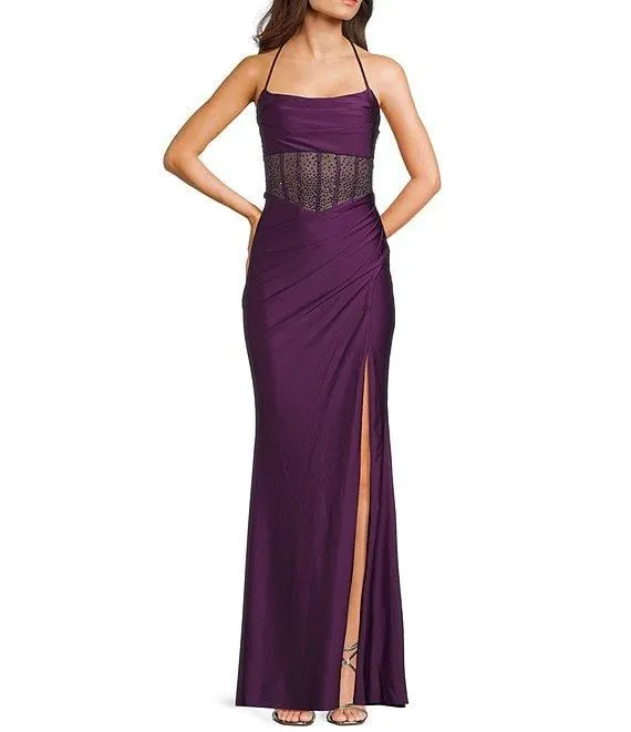 Cowl Neck Spaghetti Strap Rhinestone Illusion Corset Bodice Front Slit Dress