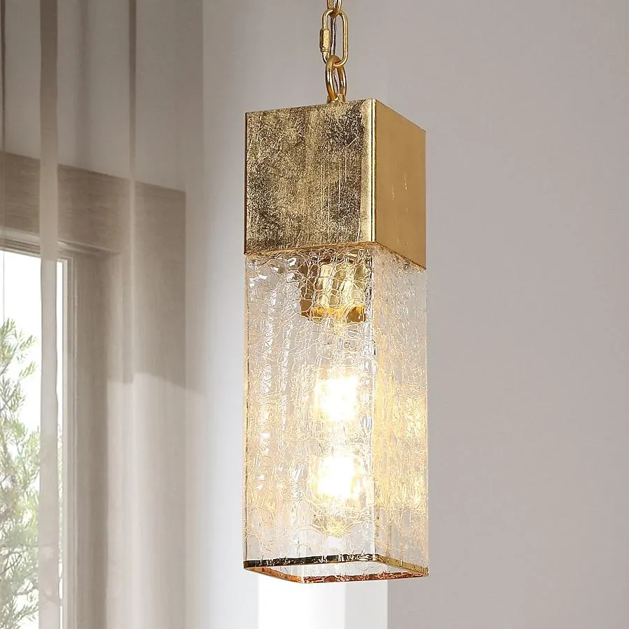 Uolfin Goldleaf with Cracked Cylinder Glass Modern/Contemporary Crackled Glass Rectangle Led Mini Hanging Kitchen Island Light