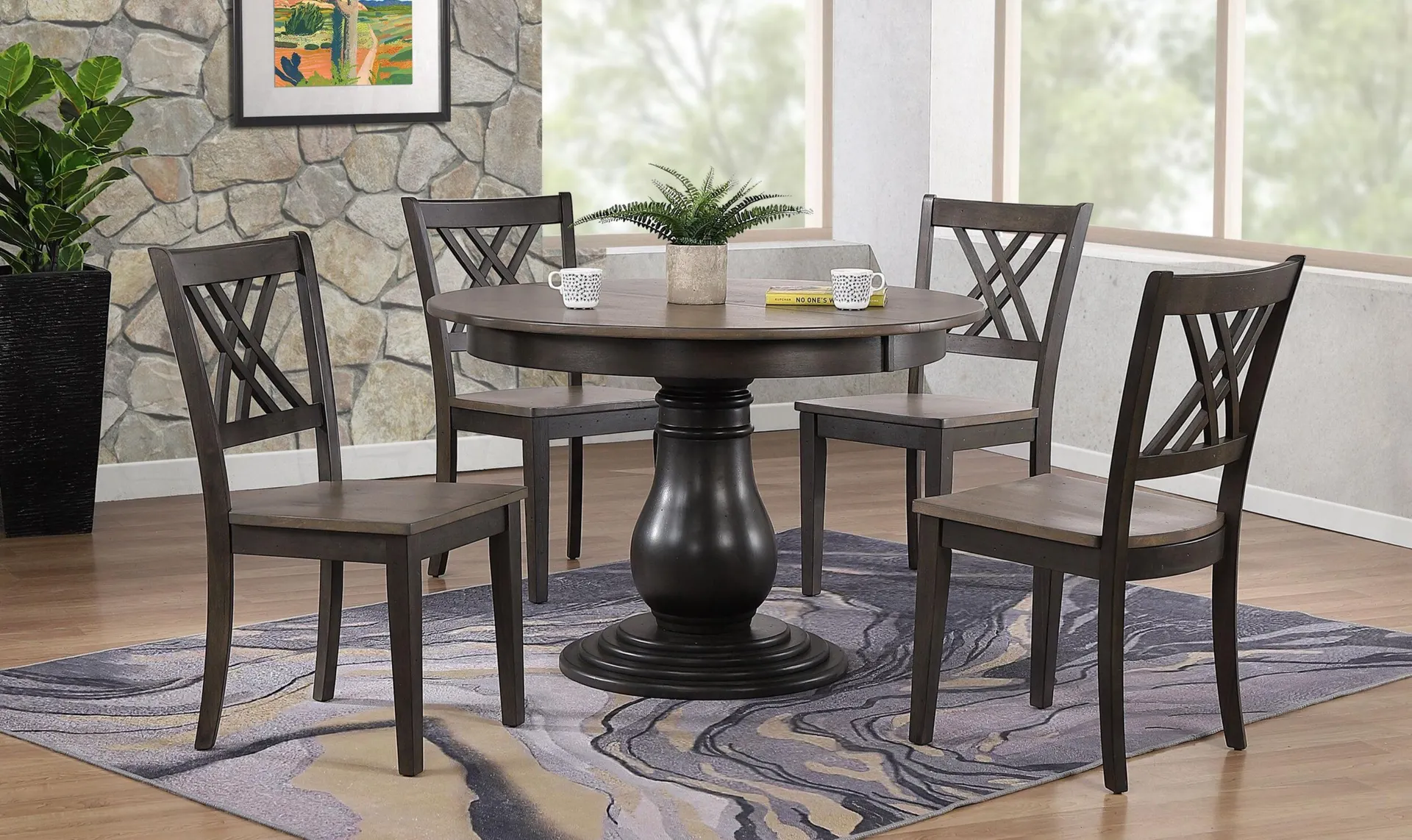 Iconic Furniture Bella Antiqued Gray Stone & Black Stone Double X-Back Dining Set