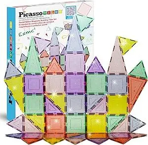 PicassoTiles Magnetic Tiles Blocks Magnet Tile Magnets Building Blocks Construction Toy Set with Reflective Leaf Flakes Magnetic Building Tiles Toys STEM Learning Kit Stacking Block Playset PTJ48