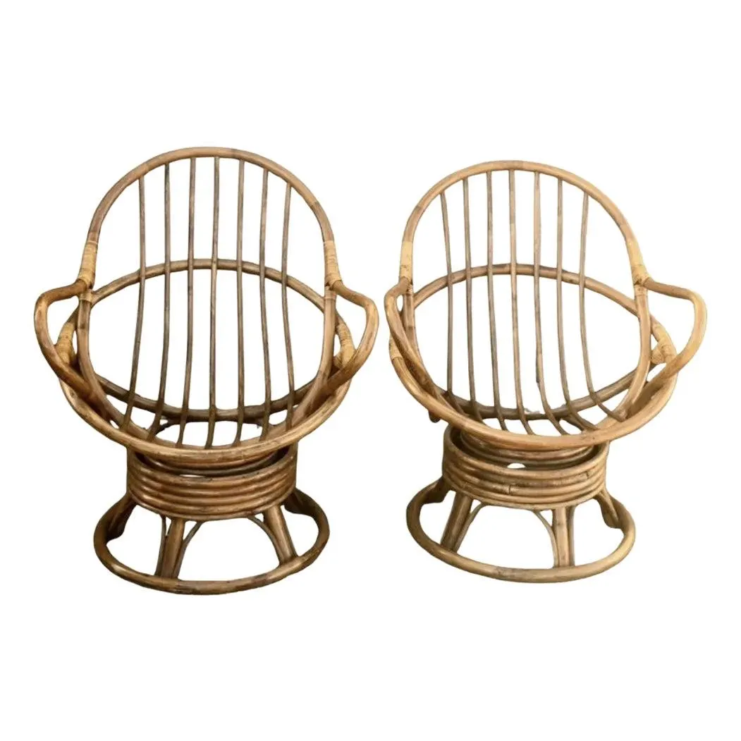 Mid-Century Modern Bamboo Rattan Egg Shaped Swivel Lounge Chairs, a Pair
