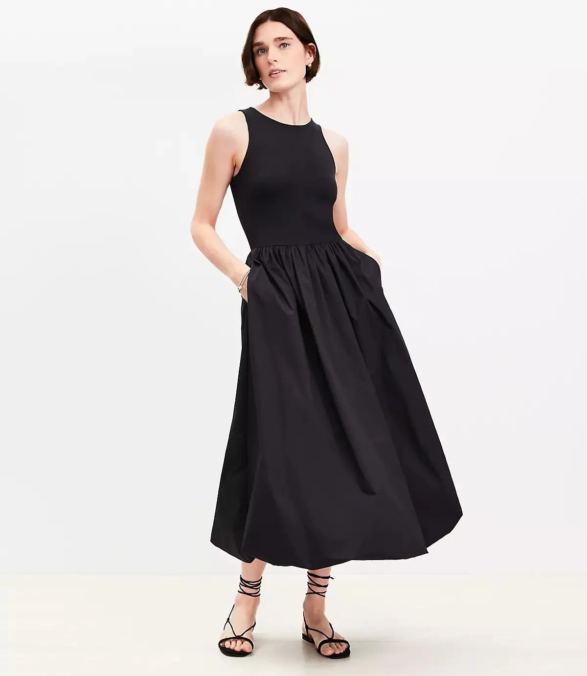 Poplin Bubble Mixed Media Midi Dress