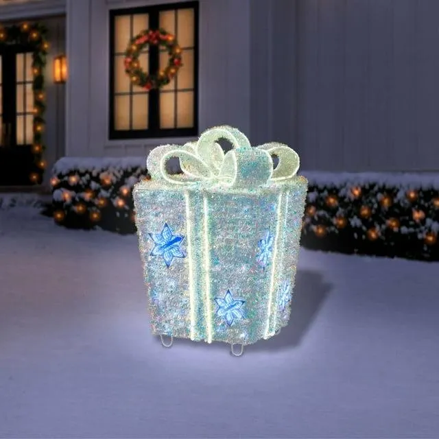 Member's Mark 32" Pre-Lit Iridescent Twinkle Tinsel Gift Box Decor