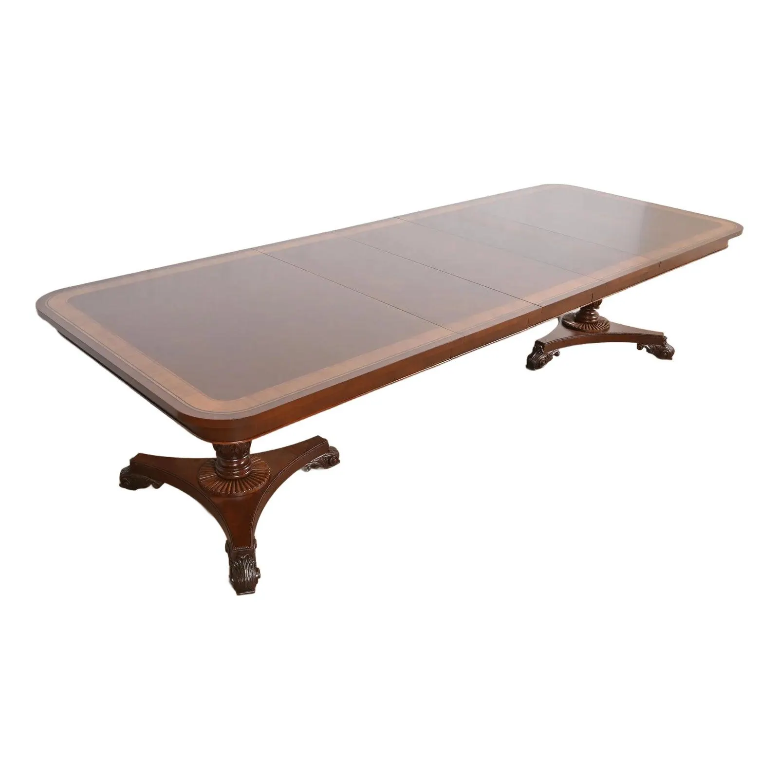 Baker Furniture Regency Banded Mahogany Double Pedestal Extension Dining Table, Newly Refinished