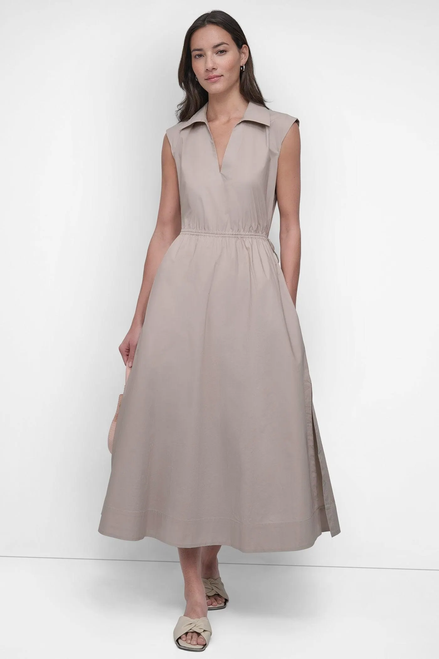COTTON POPLIN MIDI SMOCKED CUT OUT BACK DRESS