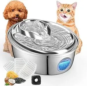 ORSDA Stainless Steel Cat Water Fountain, Automatic Pet Water Fountain, 100oz/3L Drinking Fountain Dog Water Dispenser with Water Level Window- 4Pcs Filters (D66)