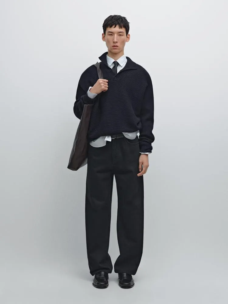 Knit sweater with mock button neck