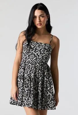 Black Floral Tiered Mini Dress