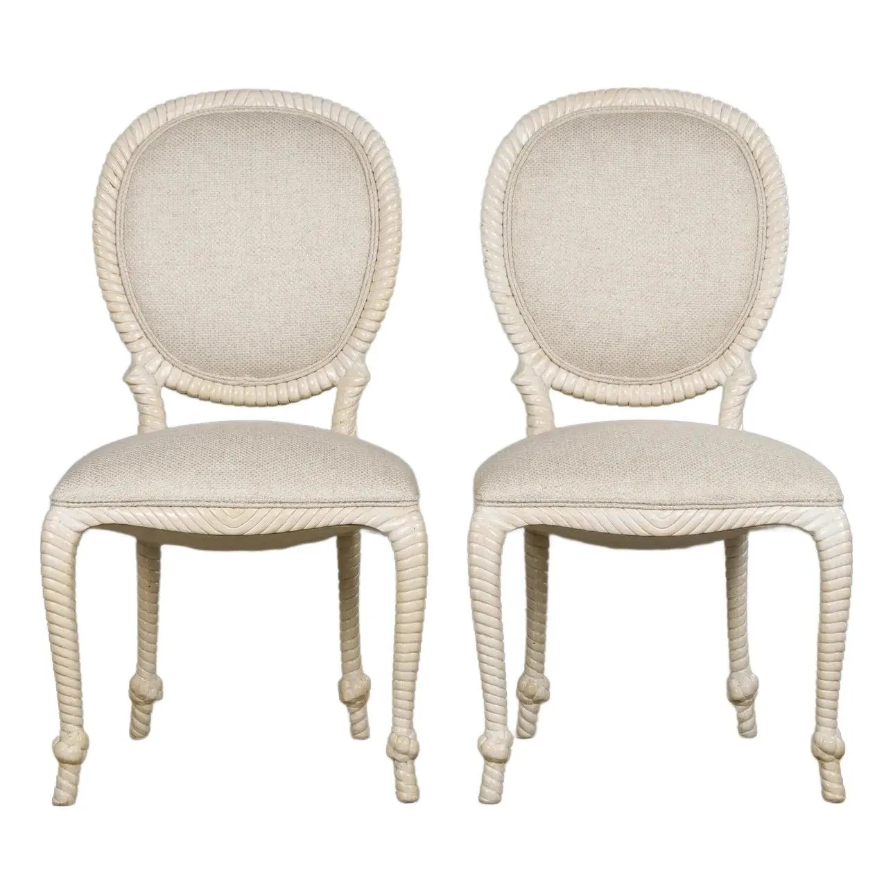 Napoleon III Style Faux Rope Painted Side Chairs in Cream Fabric - A Pair