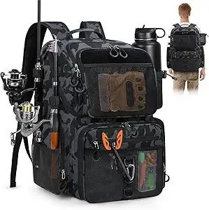 RAINSMORE 45L Fishing Backpack with Rod Holders & Rain Cover Large Water Resistant Fishing Tackle bag Store Fishing Gear