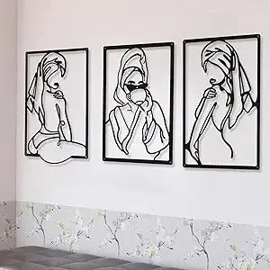 CHENGU 3 Pieces Metal Minimalist Abstract Woman Wall Art Line Drawing Wall Art Decor Single Line Female Home Hanging for Kitchen Bathroom Living Room