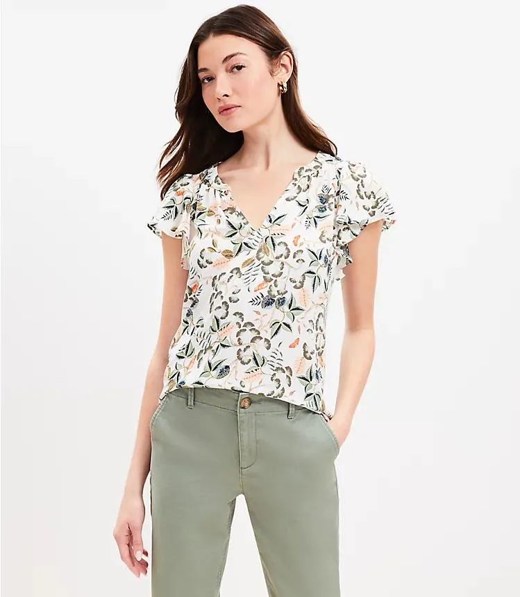 Leafed Flutter Sleeve Mixed Media Top